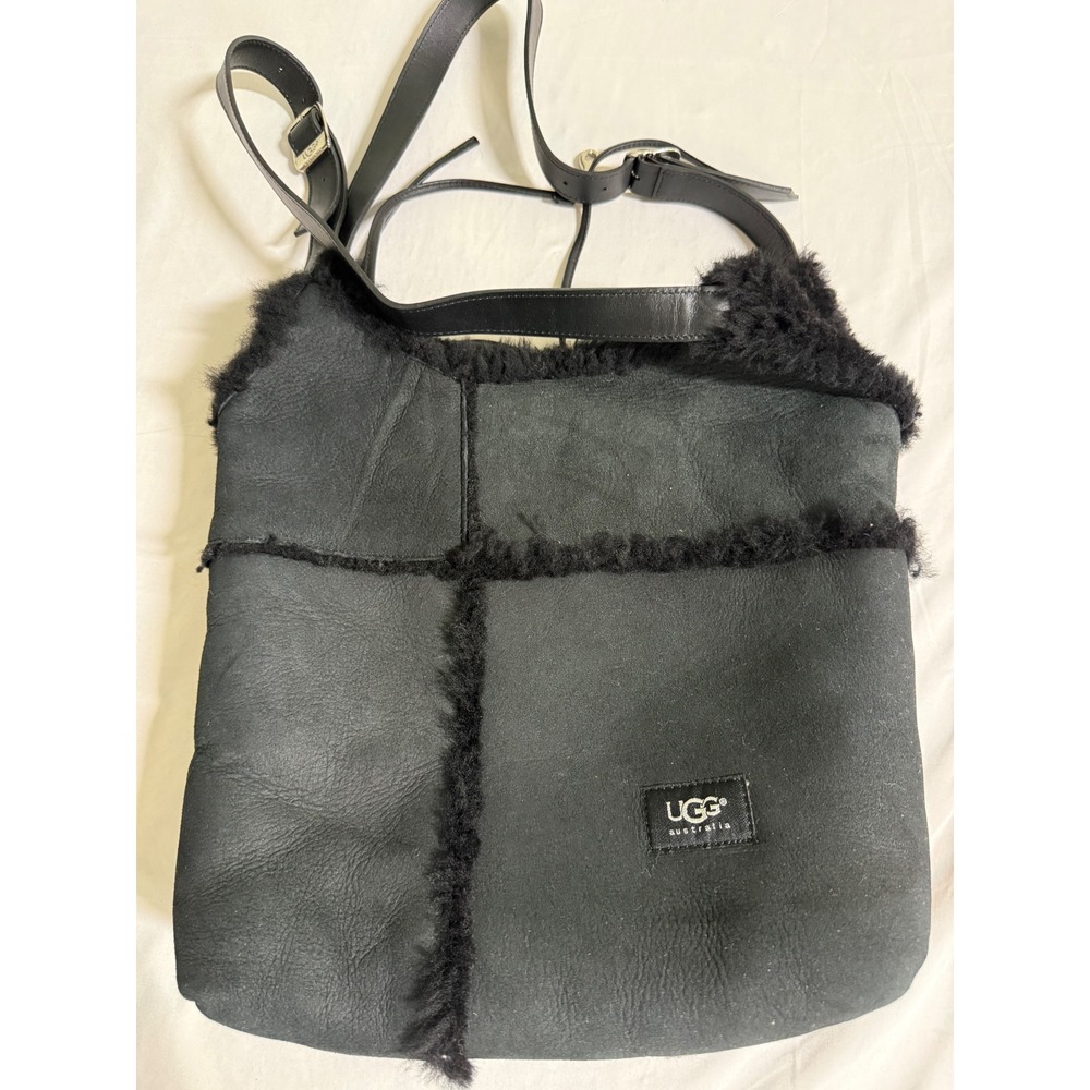 UGG Australia Black Suede Shearling Crossbody Bag Leather Strap Hobo
